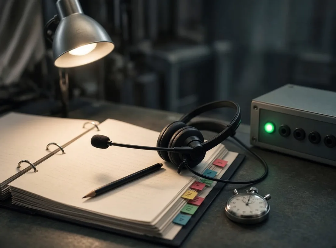 A calling desk with a script binder, headset and stopwatch